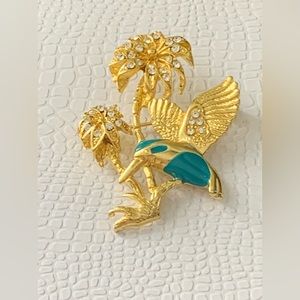 Signed HJW Vintage Hummingbird Brooch, Rhinestone Bird Pin,